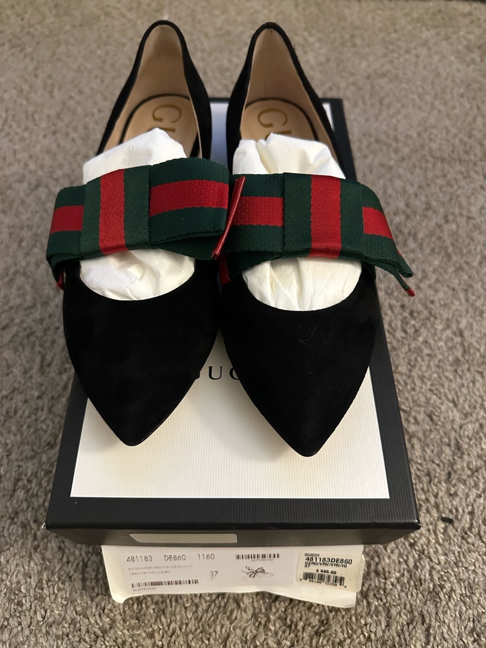 Gucci Web Bow Black Suede Ballet Flats Size 37 NIB - Picture 3 of 8